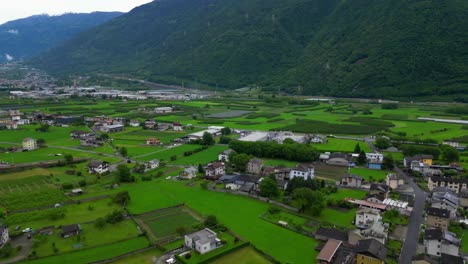 aerial overview of lush farmland intersected by small roads and clusters of houses near the mountains. shot at villa di tirano, sondrio, italy (italia)