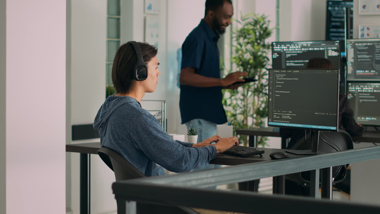 Database programer writing source code and developing security server with html script