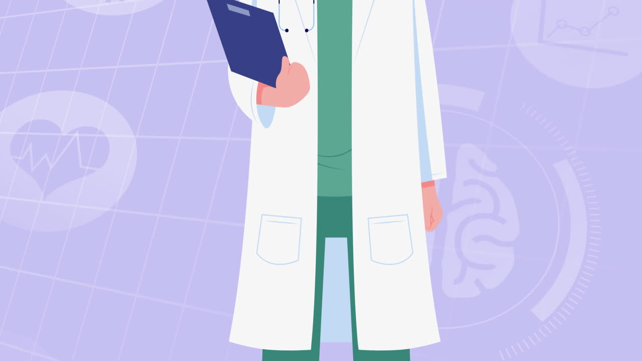 анимация врача в маске на лице на цифровых значках на фиолетовом фоне