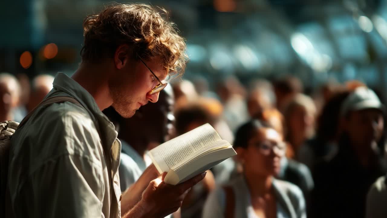 A Young Man Reading Intently in a Crowded Space, Absorbing Knowledge Amidst a Sea of Faces, Capturing the Essence of Learning in a Modern Environment
