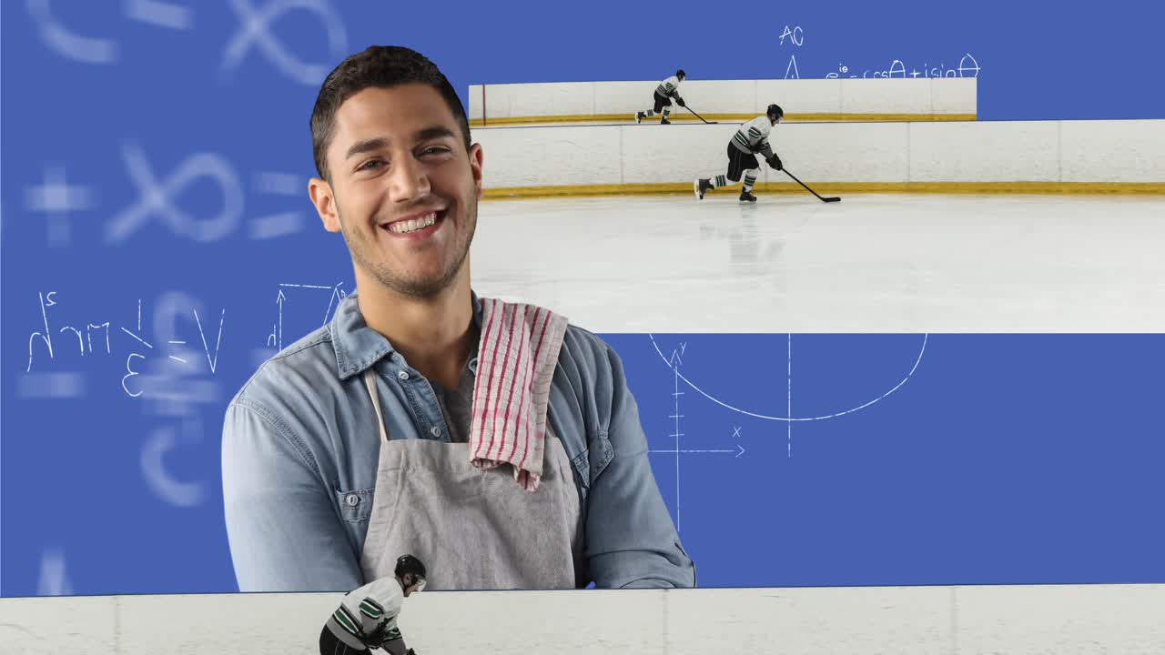 Animazione di un uomo su sfondo viola con simboli di hockey e matematica