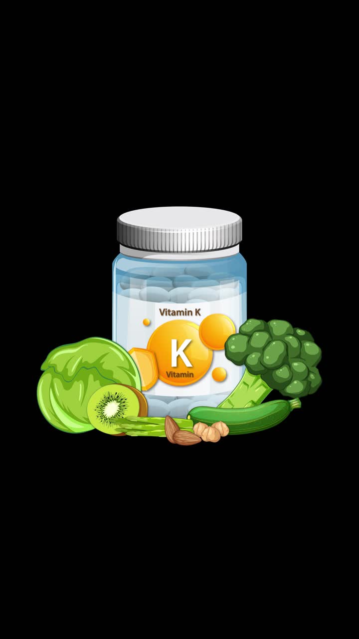 Vitamin K bottle with vegetables gradually appears, smooth transitions, black background, clean vector style