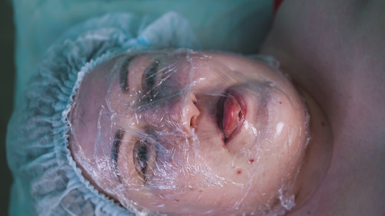 포일 을 들고 있는 즐거운 큰 여인 이 혀 로 플라스틱 을 만진다