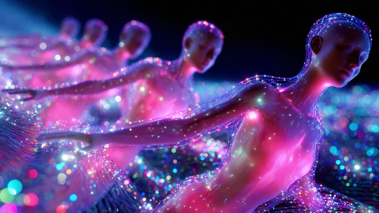 A mesmerizing progression of glowing humanoid figures formed from light and digital particles, embodying the essence of futuristic art and technology, inviting viewers into a transcendent world of imagination