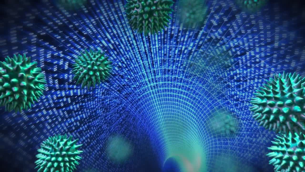 animación de virus que vuelan sobre el túnel digital
