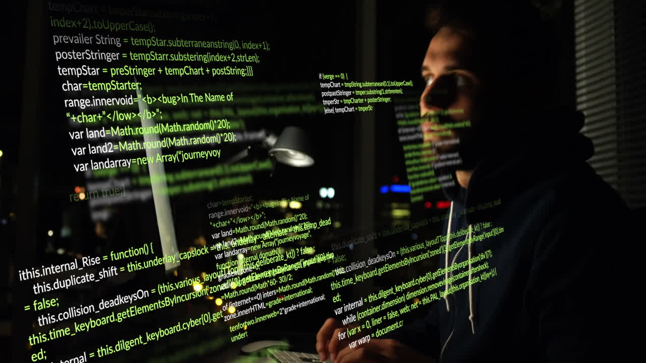 Animation of data processing over caucasian male hacker