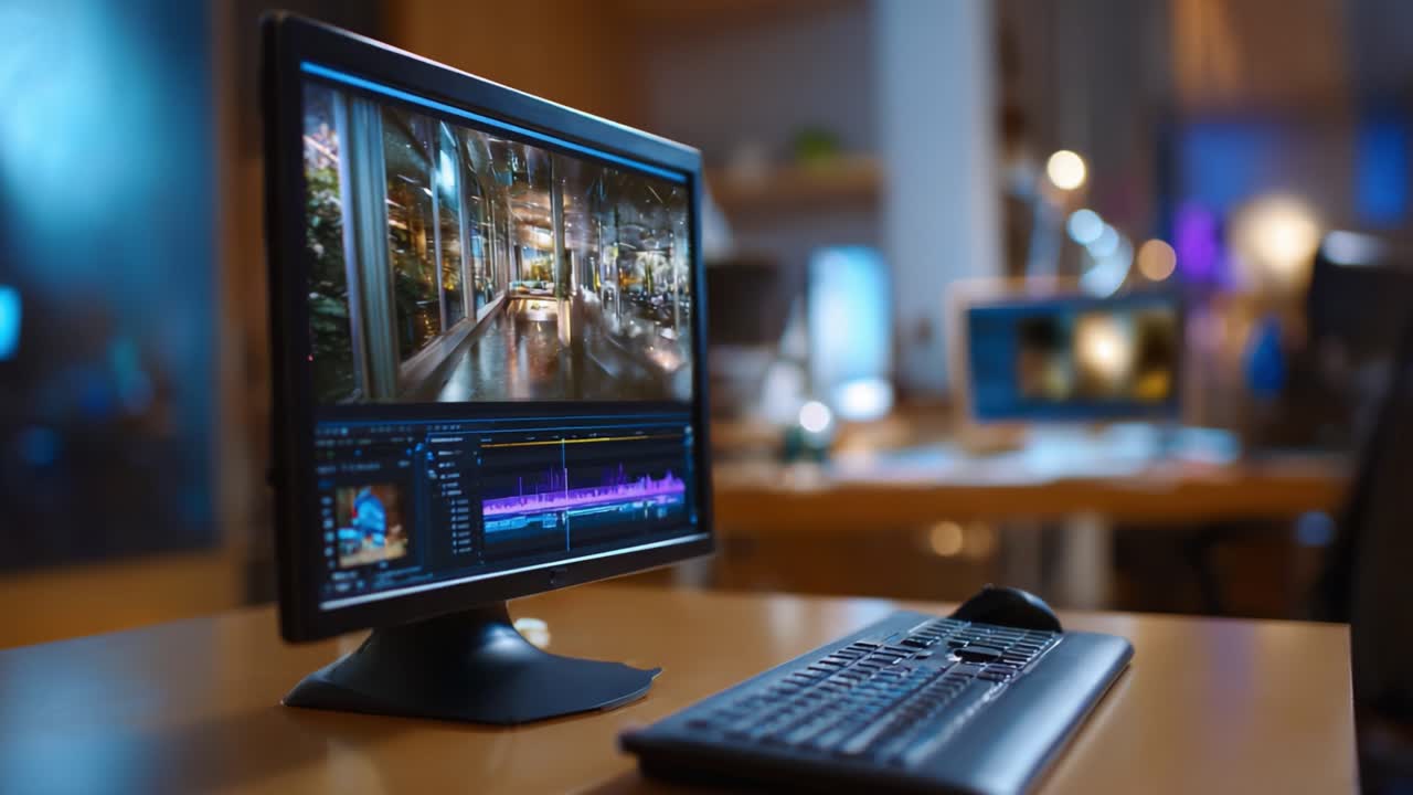 Een strakke monitor toont levendige videobewerkingssoftware, waarmee een artistieke werkplek wordt getoond vol gezellige sfeer, perfect voor creatieve professionals en liefhebbers