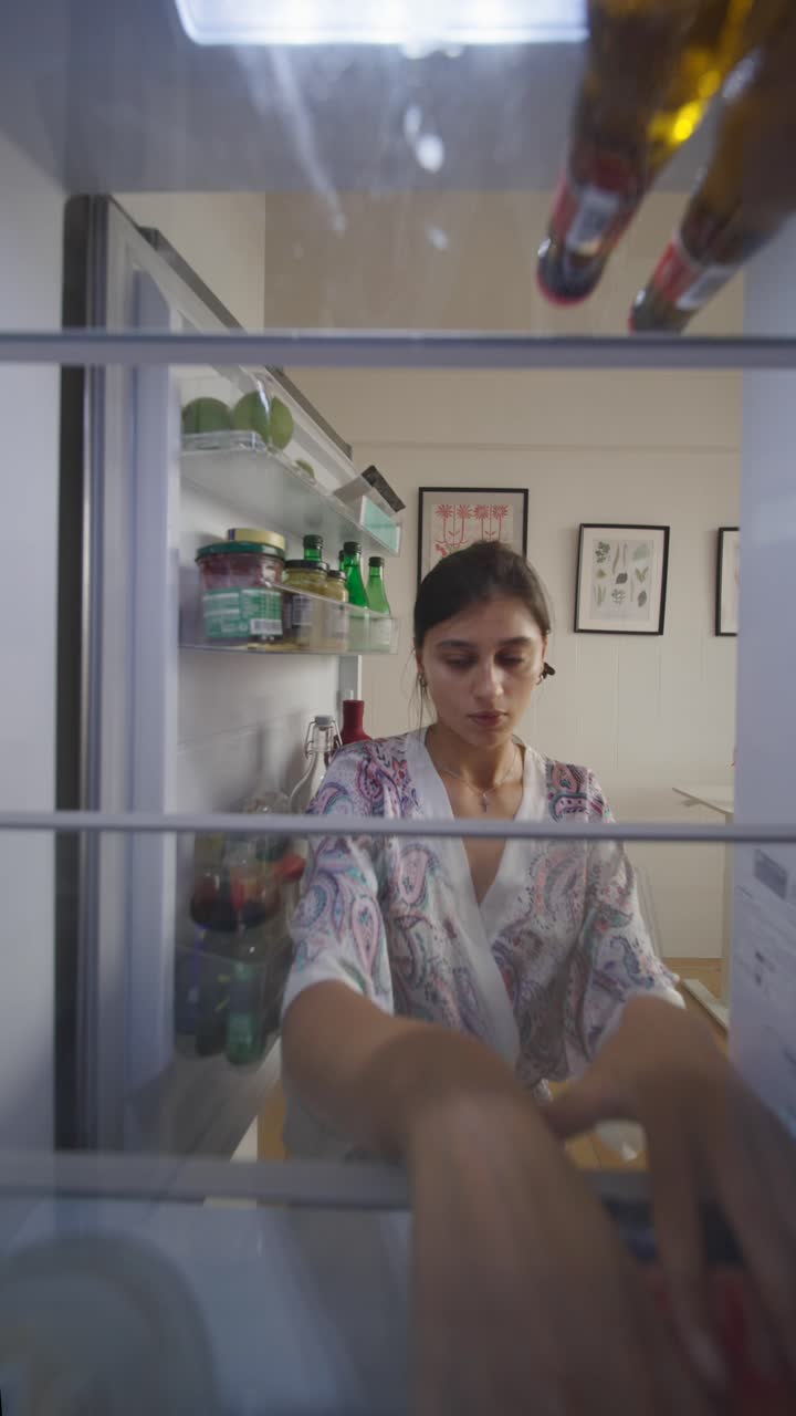 mujer mirando dentro de un refrigerador por la noche