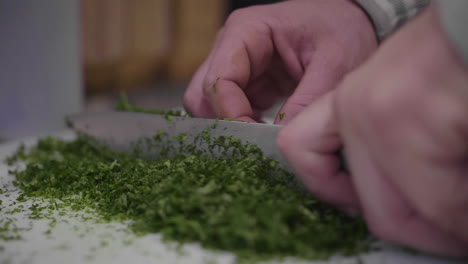 close up slow motion on knife cutting parsley in montpellier market hall laissac