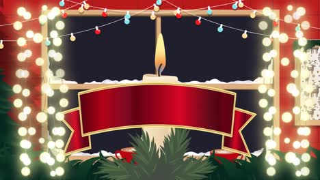 animation of merry christmas text over candle and window