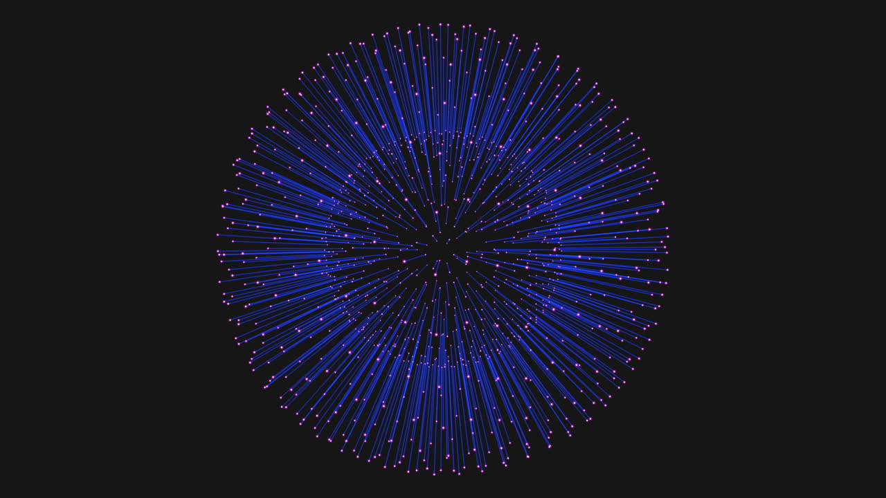 A captivating circular pattern featuring blue lines spiraling towards the center where small dots are placed, set against a black background