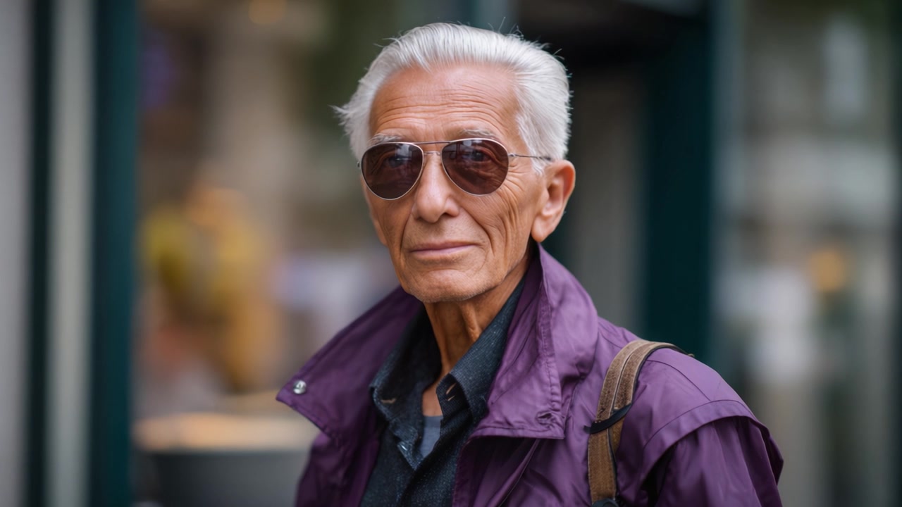 Un distinto signore anziano con occhiali da sole e una giacca elegante, che emana sicurezza e fascino mentre posa per la fotocamera con un leggero sorriso.