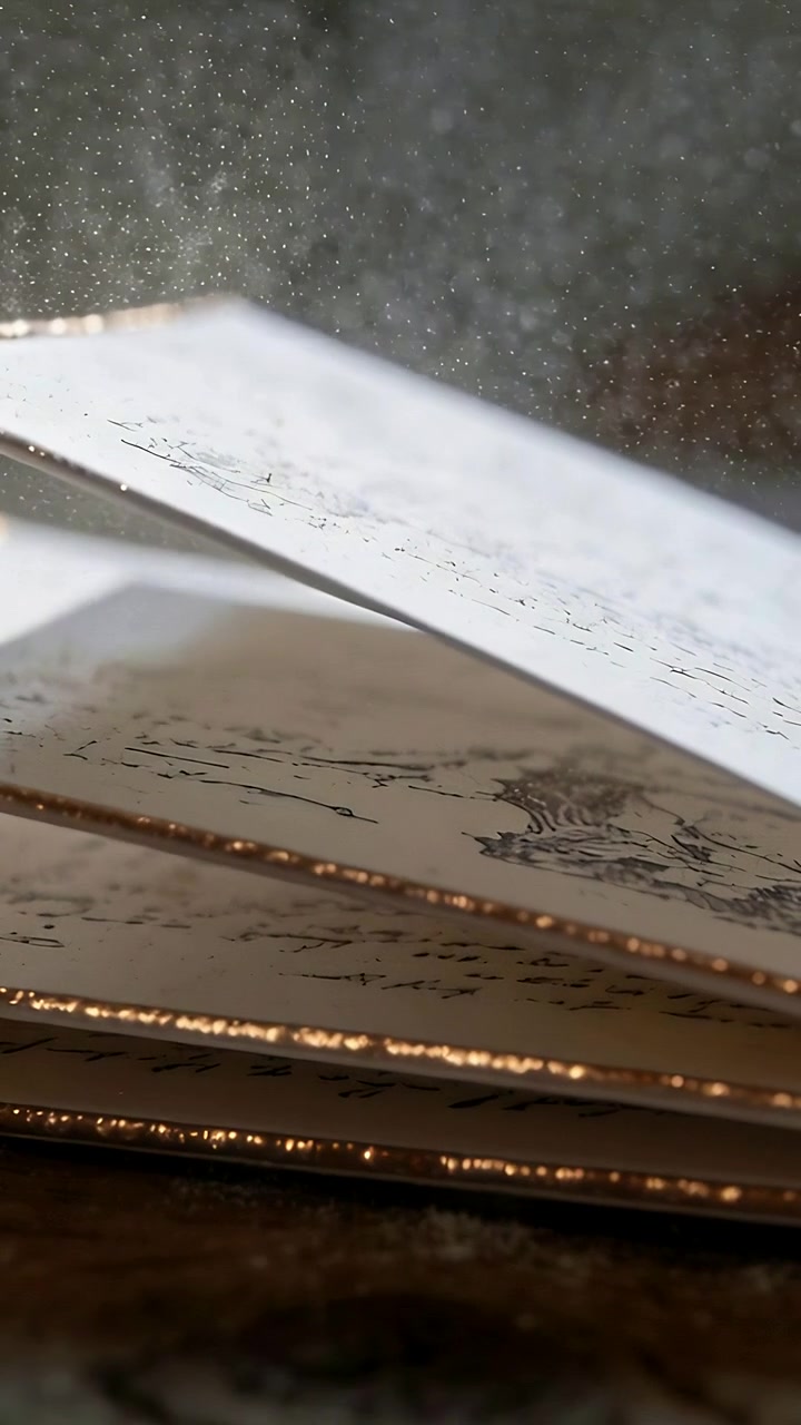 Video verticale: movimento di camera, carte dorate che si inclinano rivelando stampe nere su legno, polvere vicino alla finestra