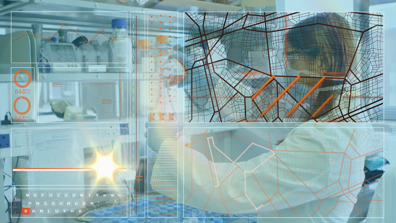 animación de procesamiento de datos sobre una científica biracial en el laboratorio