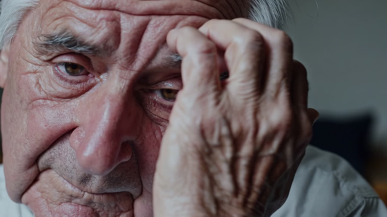 Close-up of an elderly man looking sad and distressed