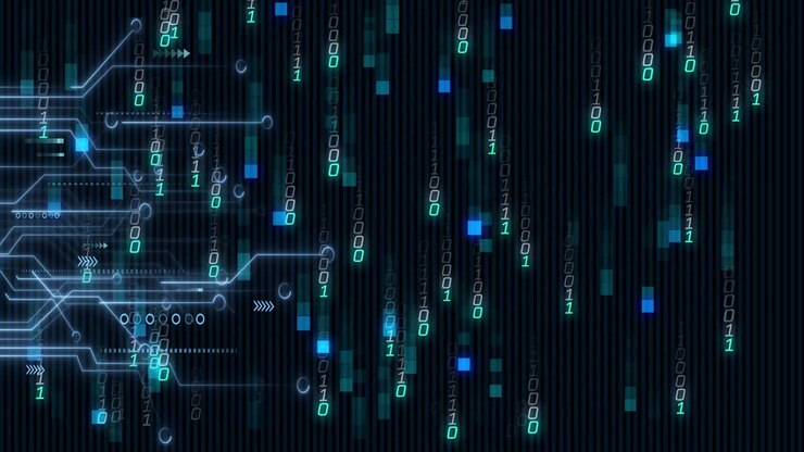 Animation of data processing and binary coding on black background