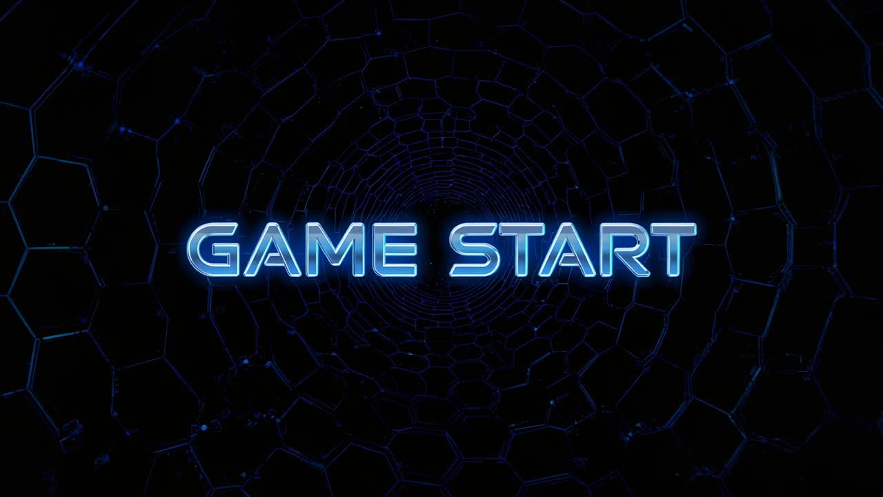 Fading in bright blue GAME START text over hexagonal tunnel grid, pulsing, signaling game launch