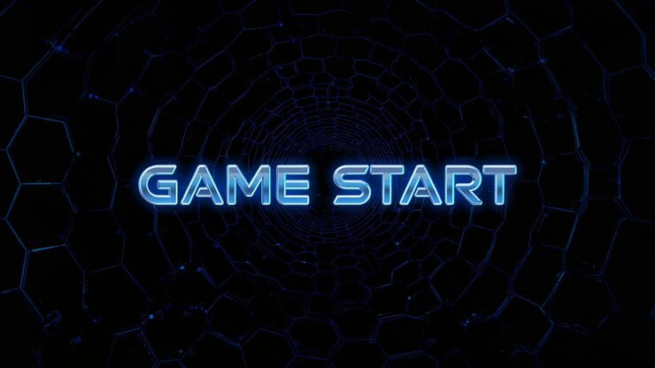 Fading in bright blue GAME START text over hexagonal tunnel grid, pulsing, signaling game launch