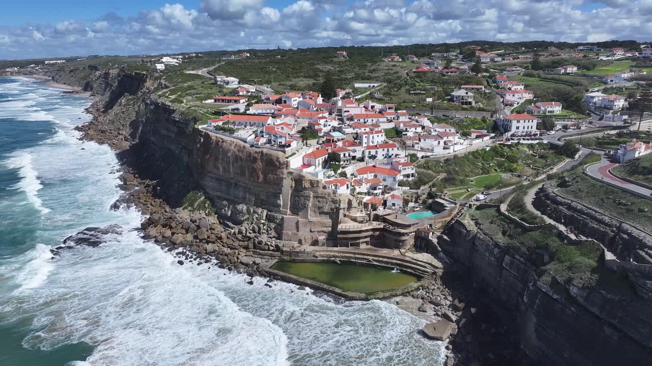 Azenhas Do Mar Beach At Sintra In Lisbon District Portugal. Beach Landscape. Tourism Landmark. Cityscape Scene. Azenhas Do Mar Beach At Sintra In Lisbon District Portugal.