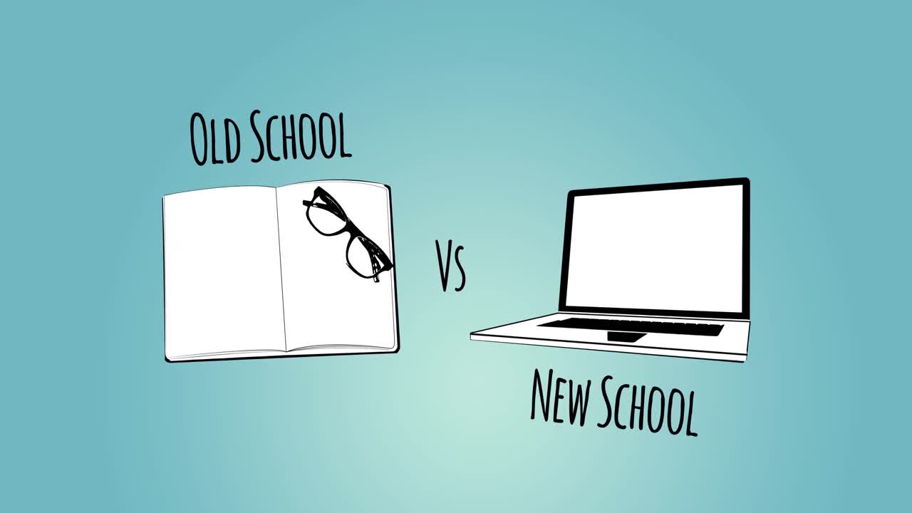 Animation of old school vs new school text and digital icons on blue background