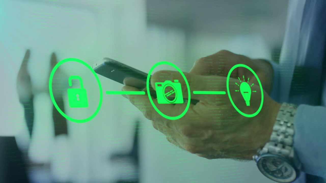 animación de una red de medios sobre las manos de un empresario caucásico usando un teléfono inteligente