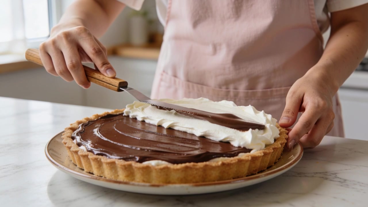 Adding cream, baker in pink apron finishing chocolate tart on counter for serving, using spatula