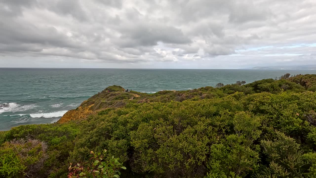 Wide-angle camera pan reveals dense coastal shrubland, windswept dunes, and rugged ocean cliffs under overcast skies along Australia's Great Ocean Road