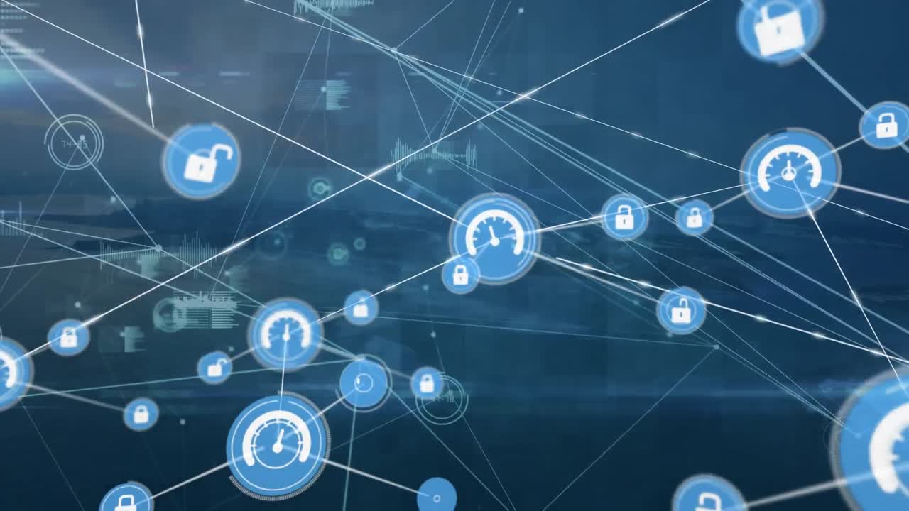 Animation of padlock and speedometer icons connected with lines over programming language