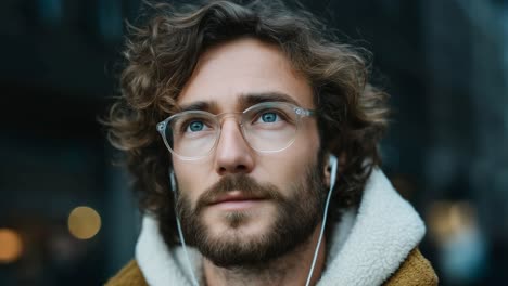 man with curly hair, glasses and headphones