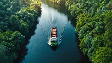 aerial view of a cargo ship navigating a river through a lush forest
