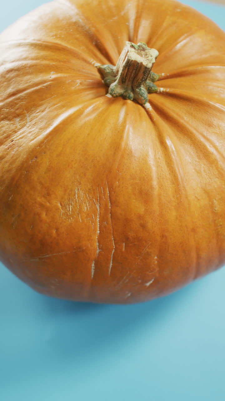 video vertical de primer plano de calabazas de halloween sobre un fondo azul
