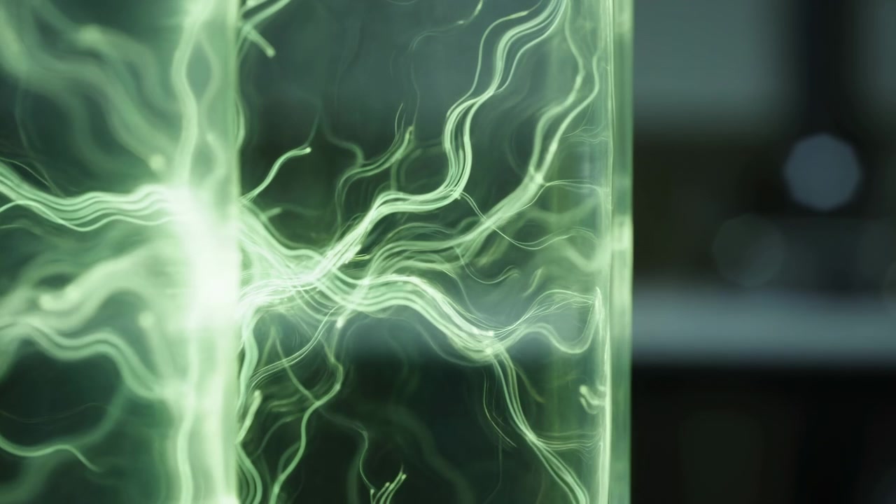 Neuroni in una vista laterale scientifica astratta e statica con materiali elettrici, temi educativi e di formazione medica, colori verde e nero, illuminazione naturale, sfondo pulito, spazio per il testo.