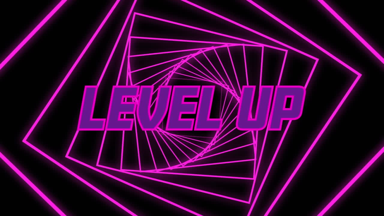 animación de texto de nivel en letras púrpuras sobre túnel espiral abstracto de neón rosa