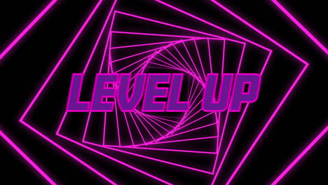 animation of level up text in purple letters over pink neon abstract spiral tunnel