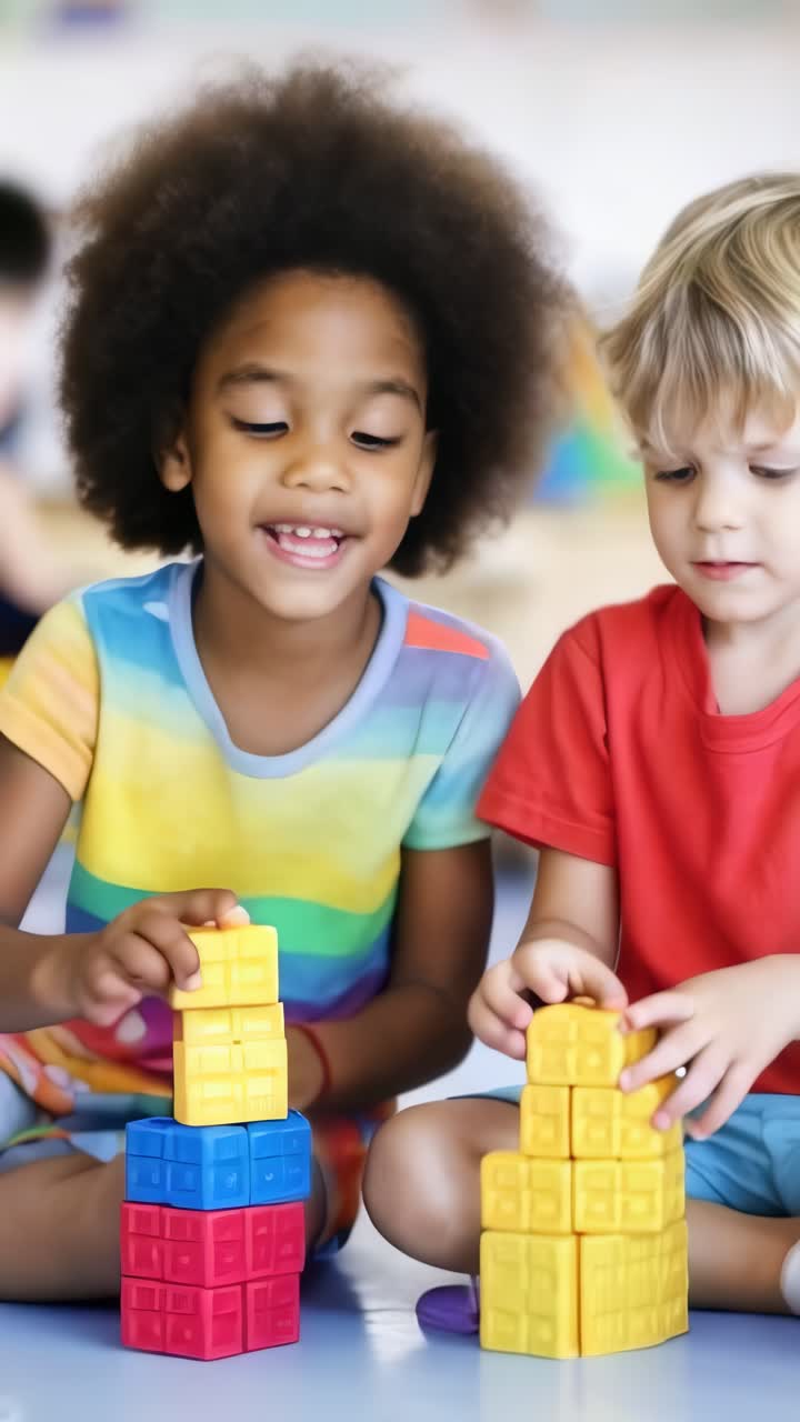 Kindergarten children, one afro child other blonde boy happily playing with colorful blocks.