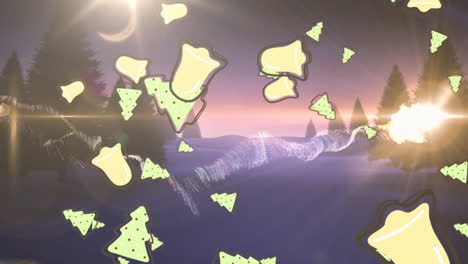 animation of bells and christmas trees falling over glowing blurred lights