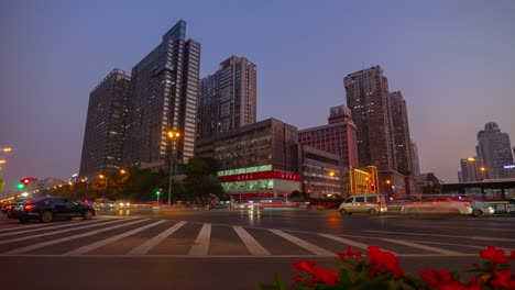 twilight sunset illuminated changsha city traffic street crossroad panorama timelapse 4k china