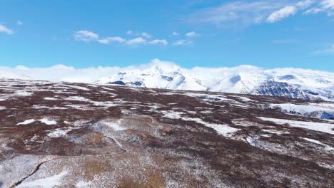 Skyline,-iced-mountain-background,-drone-fly-above-Volcanic-Icelandic-landscape