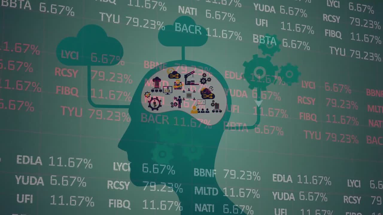 Animation of gears, technology icons and head model over stock market data