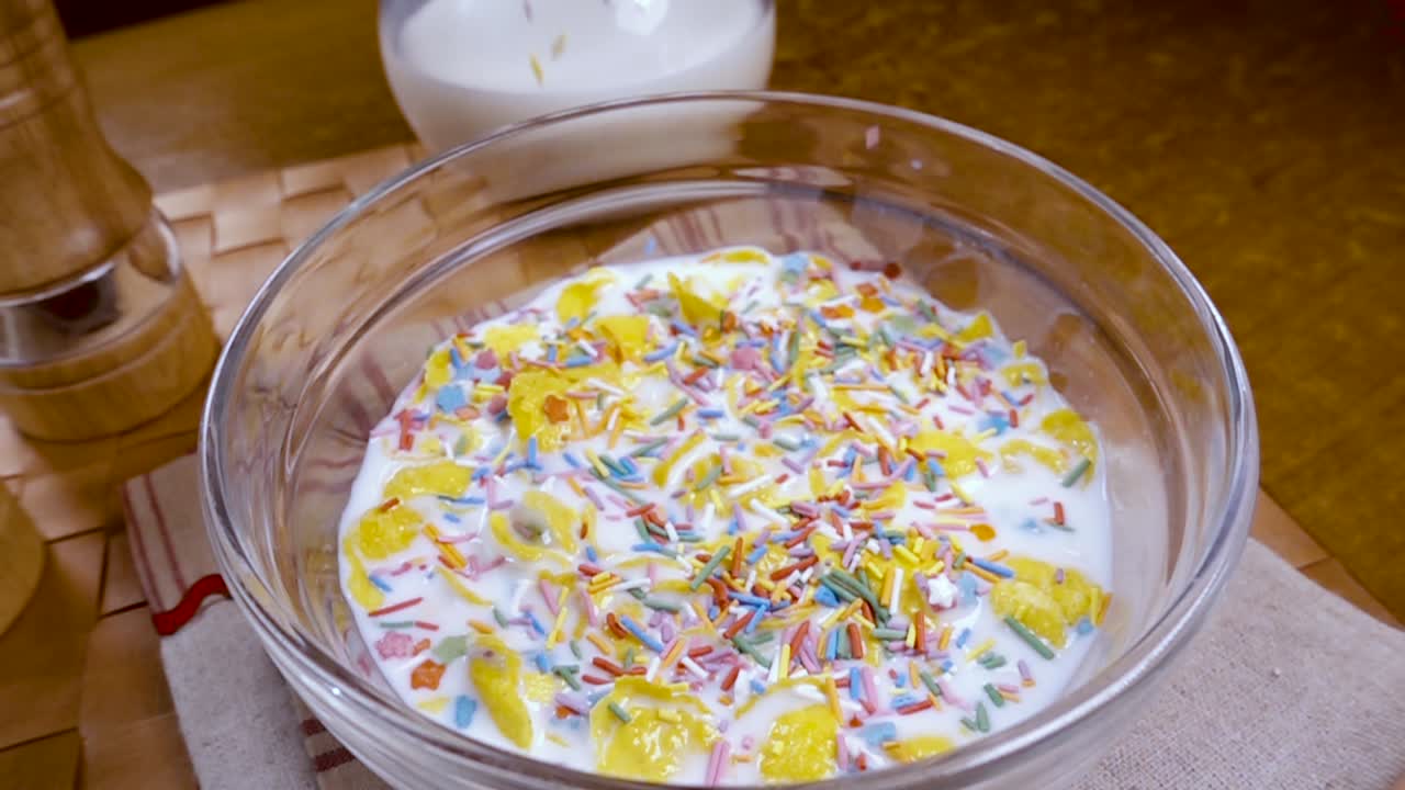 хрустящие желтые кукурузные хлопья в миску на утро вкусный завтрак с молоком. замедленная съемка с отслеживанием вращения.