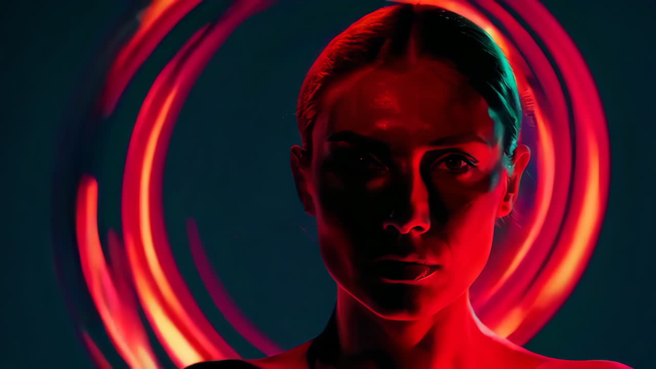 Woman Portrait with Red Neon Light Painting