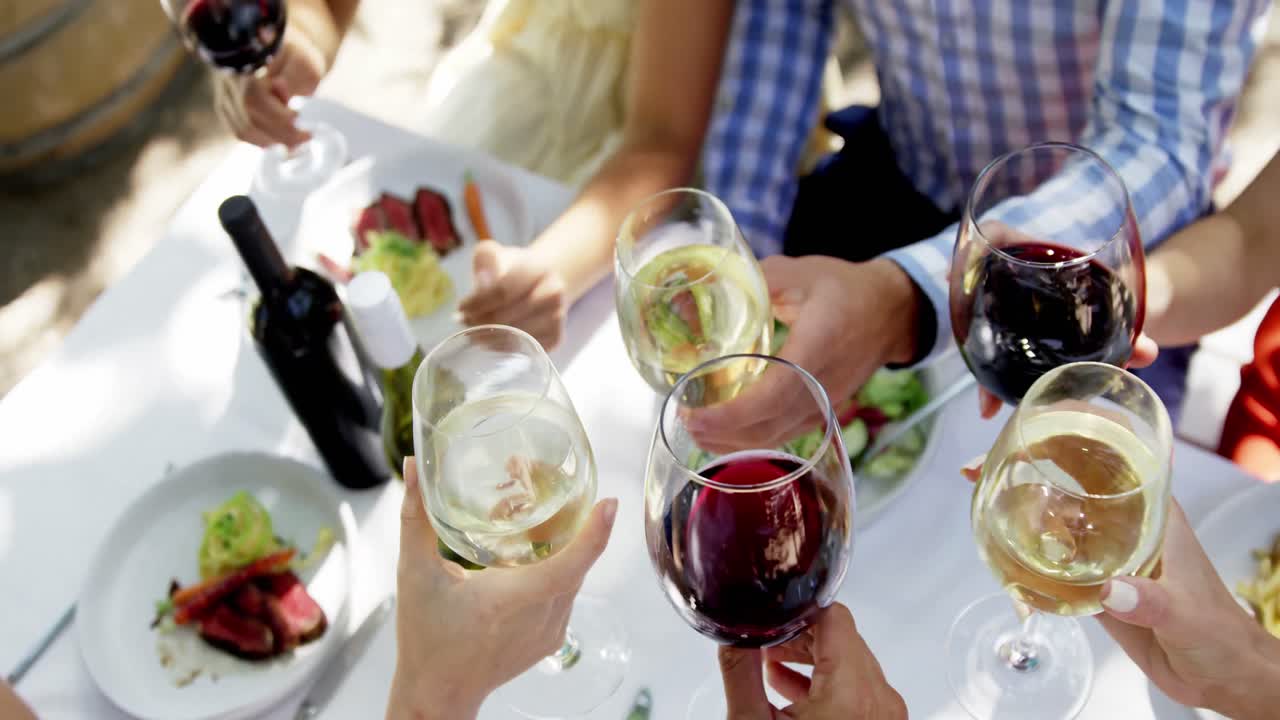 Gruppo di amici che brindano con bicchieri di vino