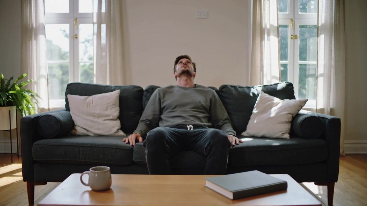 Camera pulling back, revealing seated man resting on dark sofa at home, gray top, mug, book