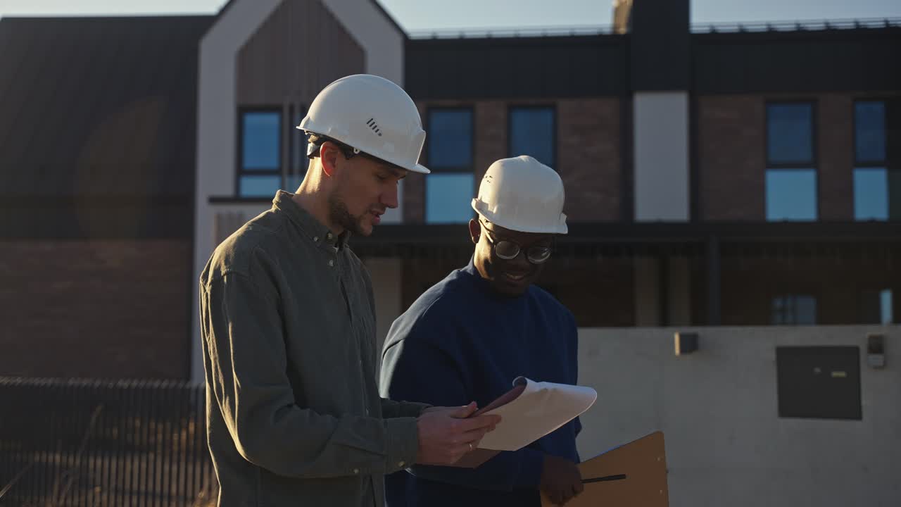 Construction engineers reviewing building project