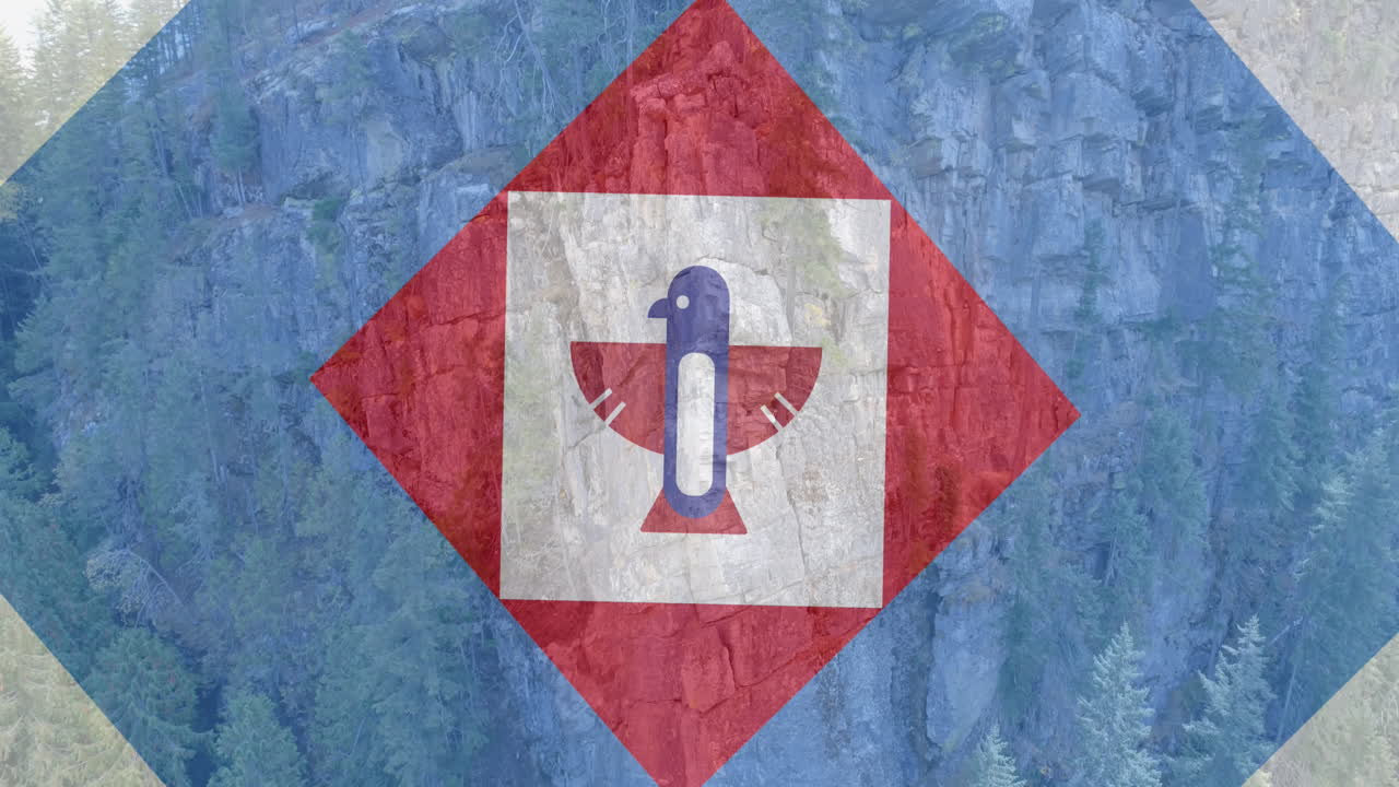 animación de cuadrados y pájaro en rojo, blanco y azul de la bandera de américa sobre el bosque y la cascada