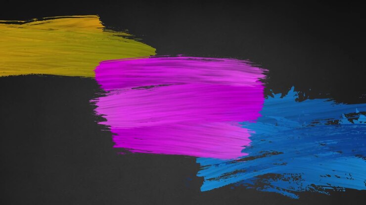 Animazione di pennellate di vernice rosa, gialla e blu che appaiono su uno sfondo grigio texturizzato.