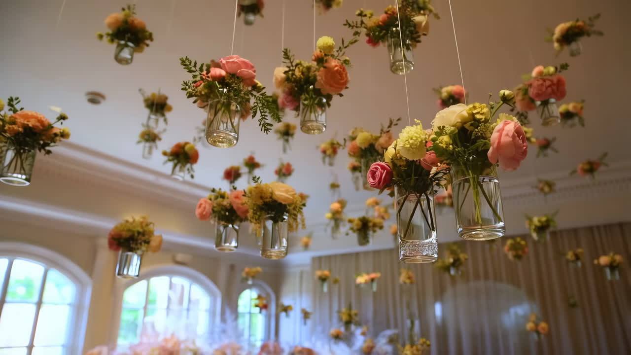 Elegant Hanging Flower Decorations in an Event Venue
