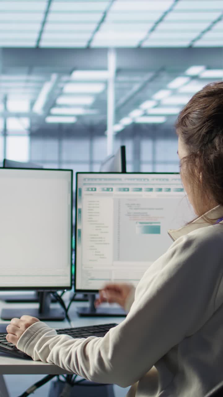 Professional Woman Coding on Multiple Monitors in Tech Office