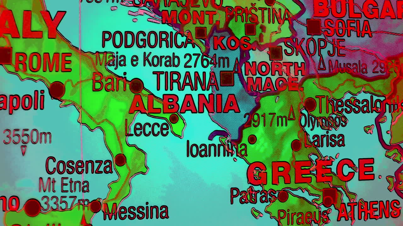A vibrant map showing European countries and cities in the Balkans and Southern Europe