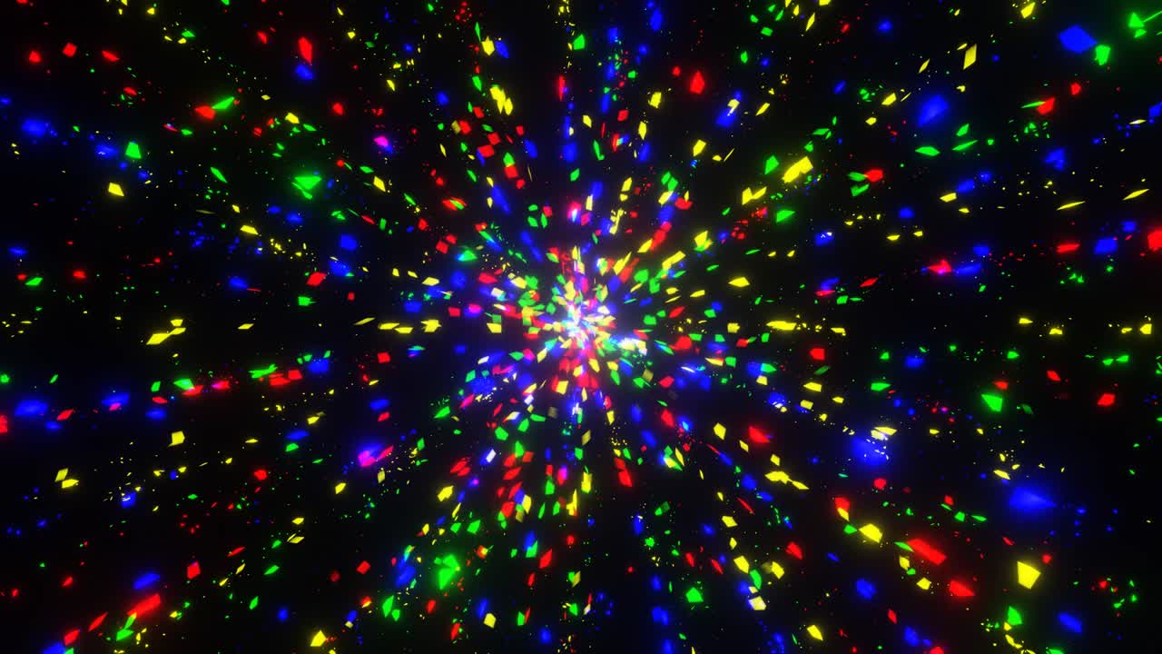 vj 루프 모션은 작은 삼각형의 빨간색, 파란색, 녹색 및 노란색 입자가 중심에서 광선으로 박동합니다.